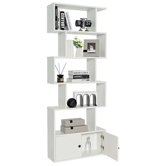 Costway Bookshelf with Cabinet 6-Tier S-Shaped Bookcase Storage Rack Rustic Brown/White/Black {9}