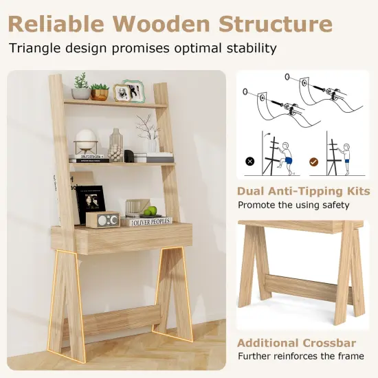 Costway Home Office Ladder Desk Wall-Leaning Laptop Workstation with Storage Shelves Natural/White/Walnut {4}