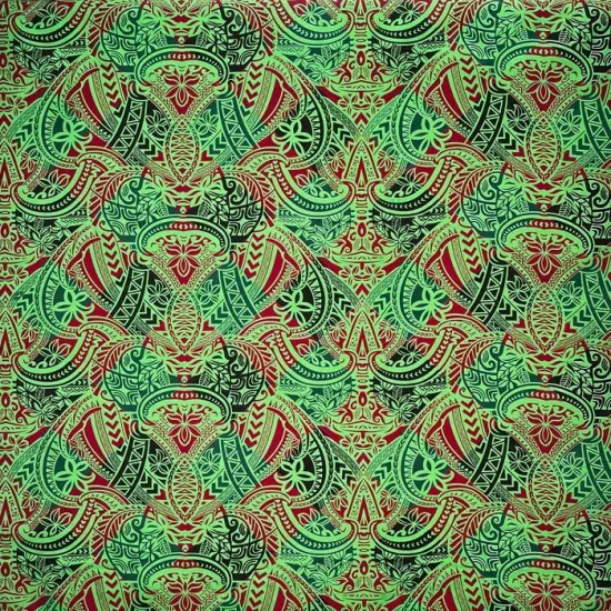 1 Yard Traditional Polynesian Tattoo Design Fabric, 100% Polyester Peachskin, 45" Wide Green/Red/B {3}