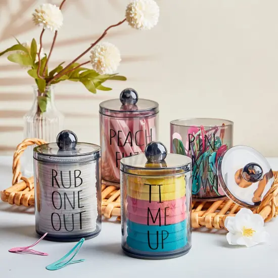 4 Pack Qtip Holder Dispenser with Lids and Labels - 10 oz Acrylic Apothecary Jars Plastic Bathroom Vanity Canister Organizer for Cotton Balls, Pads, Swabs, Floss (Black) {5}