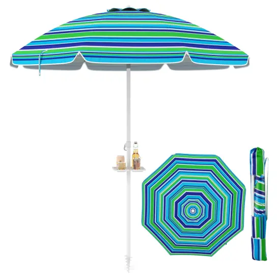 Costway 7.2 FT Portable Beach Umbrella Tilt Sand Anchor Cup Holder with Carry Bag Blue/Navy Blue/Rainbow/Green {1}