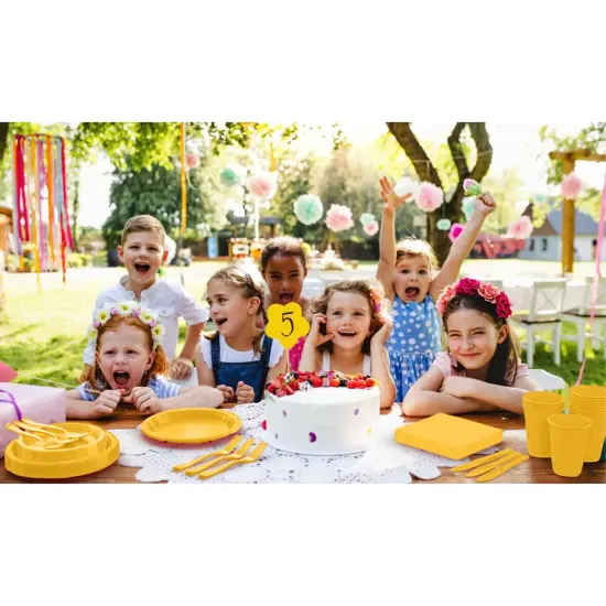 Exquisite 350 Pcs Plastic Plates for Party &ndash; Disposable Plates Set &ndash; 50 Each of 9" Dinner Plates, 7" Dessert Plates, Plastic Cups, Napkins & Plastic Cutlery &ndash; Plastic Dinnerware by Party Solids Yellow {6}