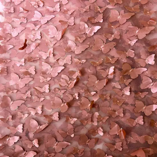 1 Yard 3D Butterfly Embroidered Satin Lace Polyester Fabric Elegant Material 60 Inch Width Mauve Pink {1}