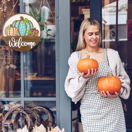 Fall Welcome Door Sign 3D Assorted Pumpkin Wooden {4}