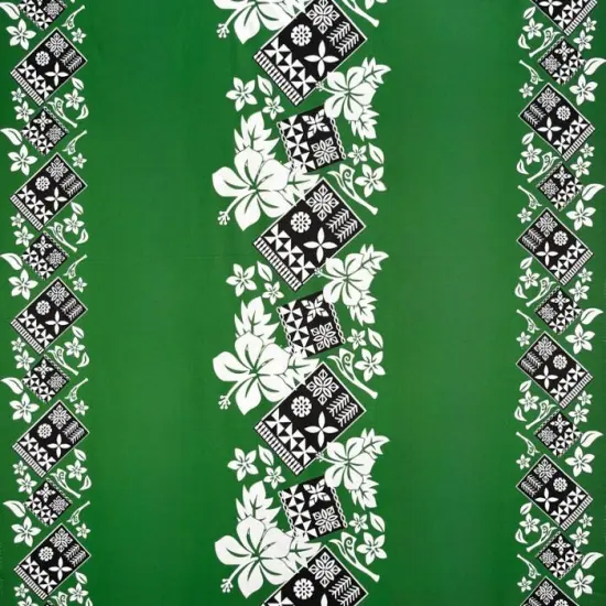 1 Yard Hibiscus Tropical Leaves Polyester Fabric with Traditional Tapa Double Border, 45 Inches Width Green {1}