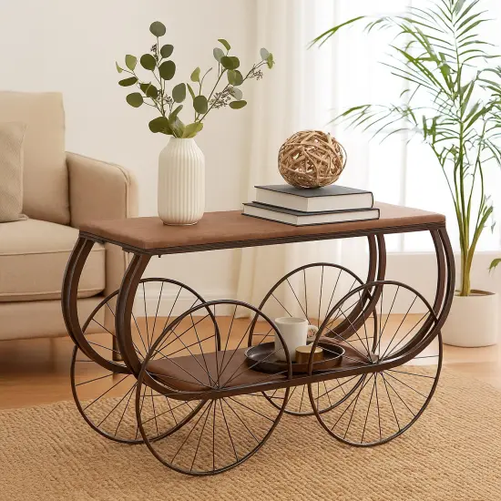 Vintiquewise Industrial Wagon Style Console Table Rustic Wood Top Large Spoke Metal Wheels & Lower Storage Shelf Vintage Accent Display Table for Hallway Entryway Dining Room Living Room or Home Bar {5}