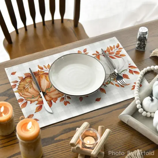 Set of 4 - Buffalo Plaid Polka Dot Pumpkins Leaves Fall Placemats {3}