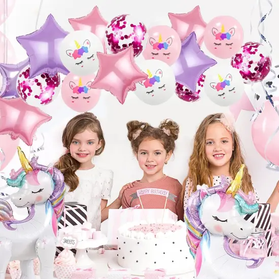 16 Pcs Unicorn Balloons Kit for Birthday Party Decorations - 2 Self Standing 3D Foil Unicorns, 4 Star Balloons & 10 Printed Latex Balloons with Tying Tool (No Helium Needed) {4}