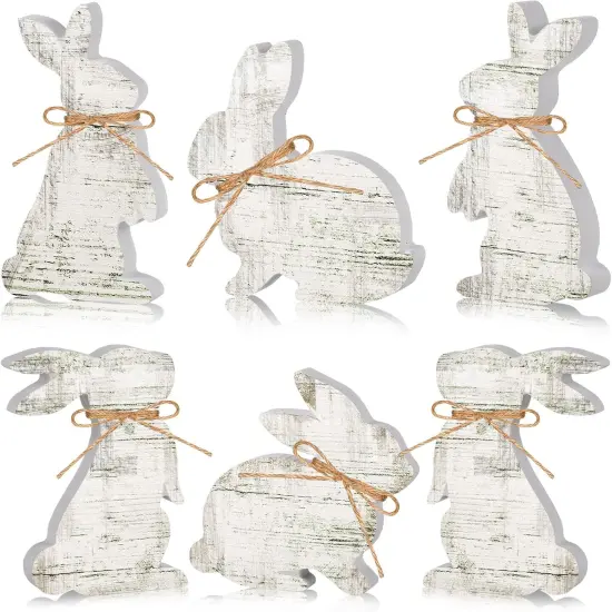 6 Pcs Easter Bunny Table Wooden Sign Decorations Rabbit Decorations with Ropes Classic Easter Decor Rustic Rabbit Shaped Tabletop Centerpieces for Party Gifts Home Tiered Tray Decor {1}