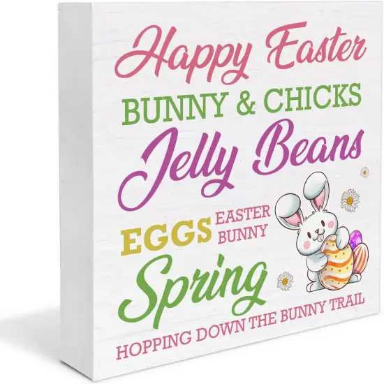Easter Decor Happy Easter Bunny Wooden Sign, Easter Decorations for the Home, Easter Wooden Plaque Block Sign Rustic Home Kitchen Decor 5 x 5 Inches {1}