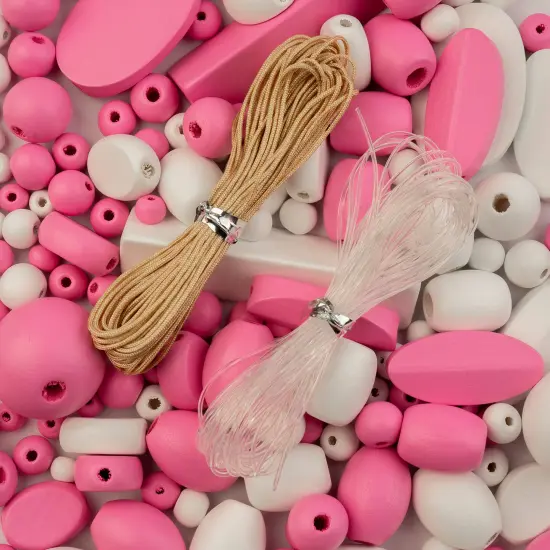 John Bead Craft Wood Beads with Elastic Nylon Cord, 90g Pink and White {1}