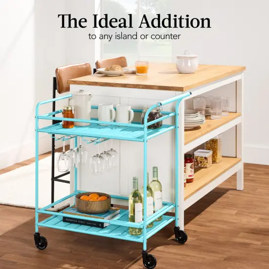 Best Choice Products 2-Tier Rolling Bar Cart Indoor/Outdoor w/ Storage Shelves, Wine Rack, Lockable Wheels Teal {6}