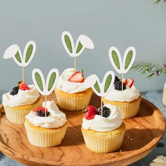 24 Pack Easter Bunny Ear Cupcake Toppers, Green Glitter Rabbit Ears Cupcake Picks, Easter Day Cake Toppers for Easter Theme Spring Birthday Baby Shower Party Supplies {4}