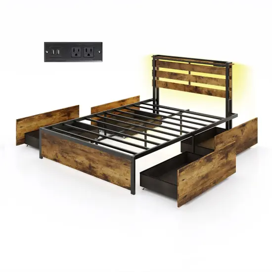 Rustic Brown Platform Bed Metal Frame with Drawers LED Lights and USB Ports {2}