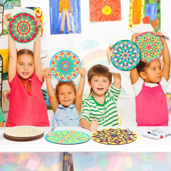 22 Pack DIY Wooden Mandala Art Set 10 Mandala Unfinished Wood Cutouts 12 Markers Lotus Flower Wood Painting Kits for Adults Painting, DIY Crafts Home Decors(Abstract Style) {3}