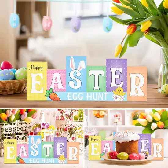 Easter Decorations Wooden Table Sign Spring Decorations Reversible Tabletop Decor Rustic Double-sided {2}