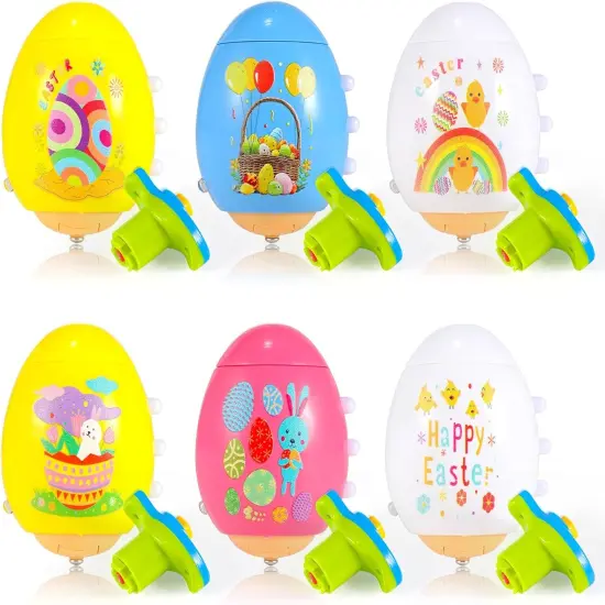 Light Up Easter Eggs Toy Gifts for Kids, 6 Cute Easter Egg Spinning Tops with Flash & Music {3}