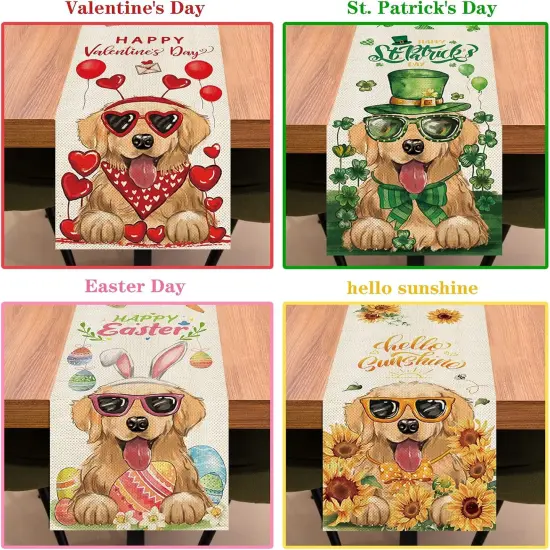8 Pcs Golden Retriever Dog Table Runner 72 Inches Long, Valentines Day St Patricks Day Easter 4th of July Halloween Christmas Farmhouse Table Runners, Cute Puppy Holiday Dining Table Decor {3}