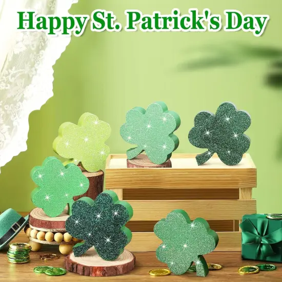 St. Patrick's Day Shamrock Decorations, Wooden Saint Patrick Day Tiered Tray Decor Set of 6, Green Clover Table Top Decoration for Home, Shelf, Door, Office Party (Glitter Solid) {6}