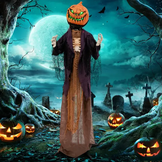 5.6 Feet Halloween Animated Pumpkin Scarecrow with Sound Activated Moan and Glowing Green Eyes {2}