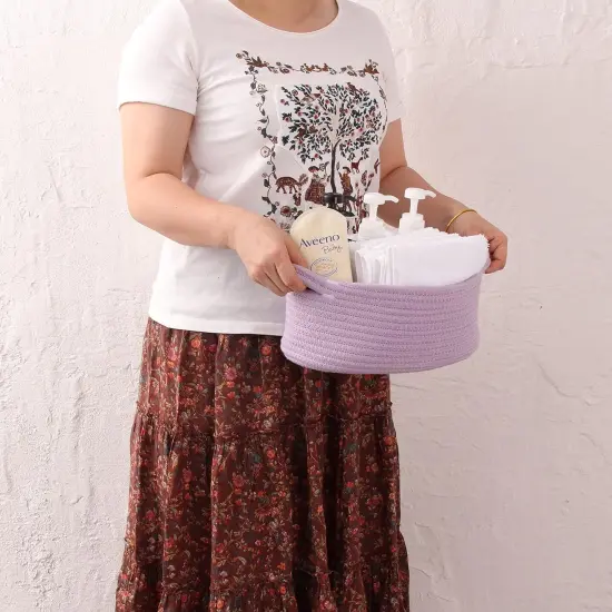 Small Woven Basket Cute Oval Cotton Rope Gifts Basket with Handle Empty Baby Wicker Storage Basket Nursery Box Bin Kids Organizer Cat Dog Toy Basket Easter Basket Light Purple Lavendor {4}