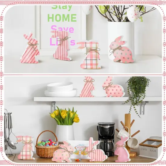 6 Pcs Easter Bunny Wooden Signs Wooden Rabbit Table Decor Pink Bunny Decoration Cute Rabbit Shaped Tabletop Centerpieces for Party Easter Gifts Home Tiered Tray Decor {4}