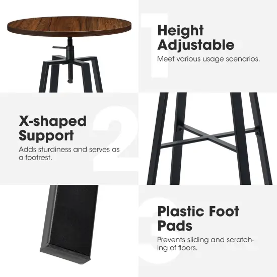 Industrial Rustic High Bar Stools With Solid Elm Wood Seat and Back Support & Bar Table With Adjustable Round {4}