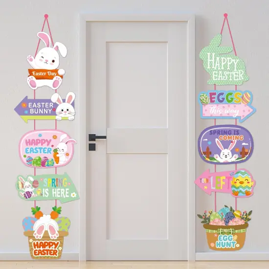 Easter Rainbow Party-Decorations Front-Porch Door Hanger-Decor - 2pcs Spring Bunny Egg Happy Easter Paper Signs Banners, Home Office Classroom Baby Shower Hanging Garland Supplies Burgleda {3}