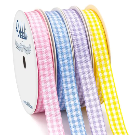 Ribbli 4 Rolls 3/8 Inch Gingham Ribbon,Total 40 Yards,100% Polyester Woven Edge,(Lt.Pink/Lt.Blue/Lt.Purple/Yellow),Easter Ribbon,Check Ribbon Use for Baby Shower,Gift Wrapping {1}
