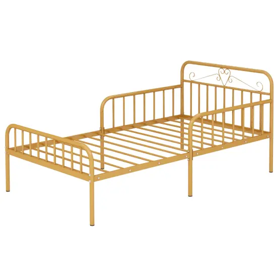 Twin Size Metal Bed Frame with Headboard Included Safety Side Guardrails Gold {3}