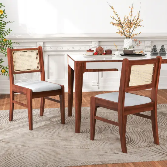 Set of 2 Rattan Back Dining Chairs with Padded Seats and Wooden Frame for Kitchen or Dining Room {3}