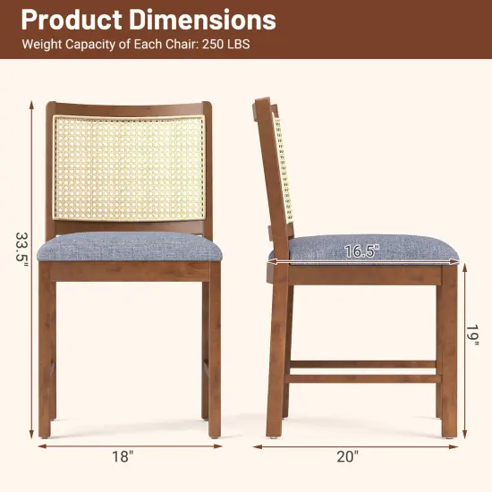Rattan Dining Chair Set of 2 with Rubber Wood Frame and Linen Fabric Padded Seat-Walnut {4}