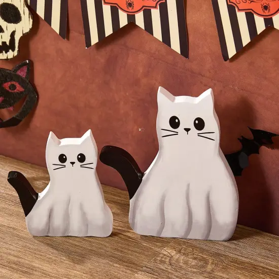 2 Pcs Halloween Decorations - White Cat Wooden Table Tiered Tray Signs {4}