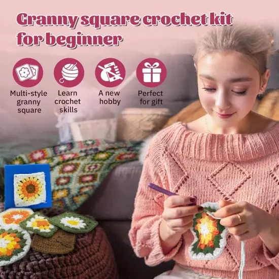 Granny Squares Beginners Starter Crochet Kit for Women Knitting Kits Learn to Crochet Set {6}