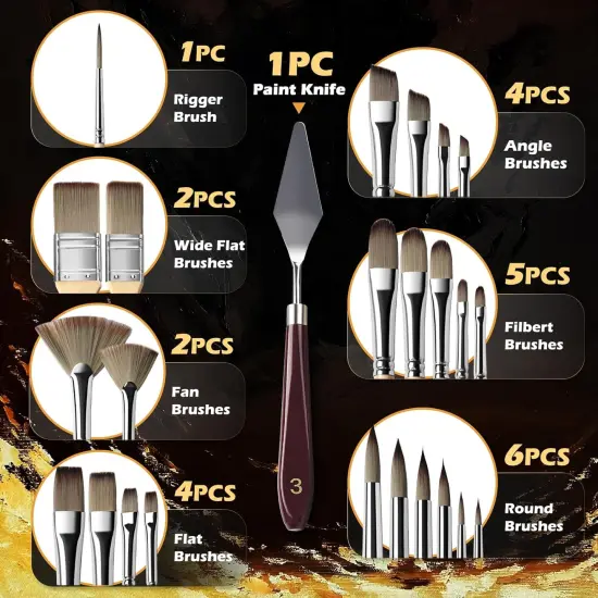 Acrylic Paint Brush Set, Golden Maple 25 PCS Paint Brushes for Acrylic Painting Oil Watercolor & Canvas,Enhanced Synthetic Brush Set with Cloth Roll and Palette Knife {3}