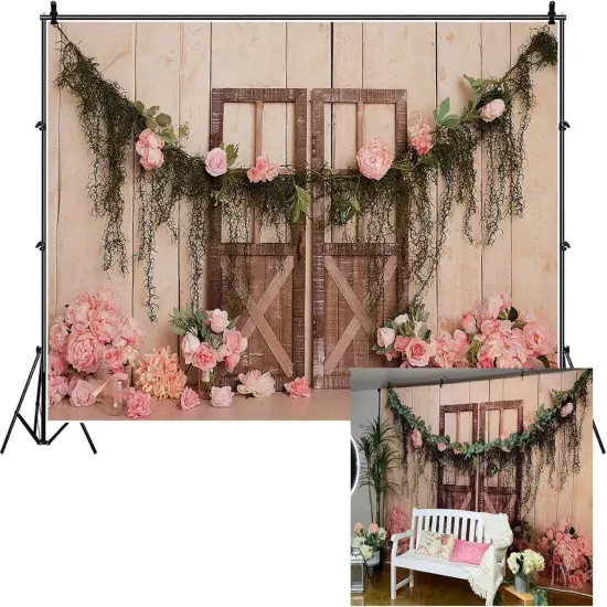 10x6.5ft Wedding Backdrop Rustic Pink Rose Flowers {1}