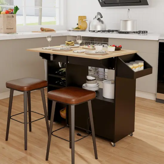 Kitchen Drop Leaf Island Cart with Power Outlets and Wine Rack Storage Shelves Locking Wheels Black and Natural {2}