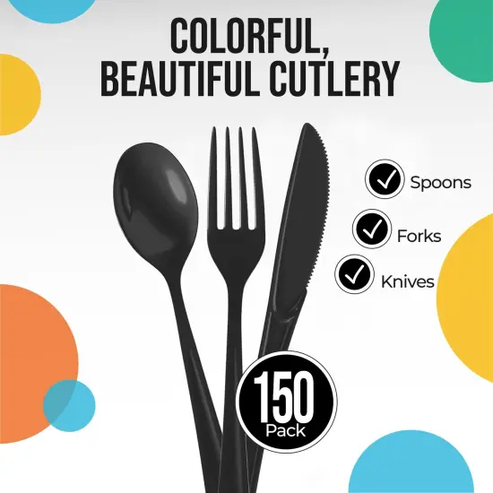 Exquisite Polished Plastic Silverware &ndash; 150 Pcs Heavy Duty Cutlery Set &ndash; 50 Each of Forks, Knives & Spoons &ndash; Disposable Utensil Set for Parties, Events & Catering &ndash; Flatware Set by Party Solids Black {2}