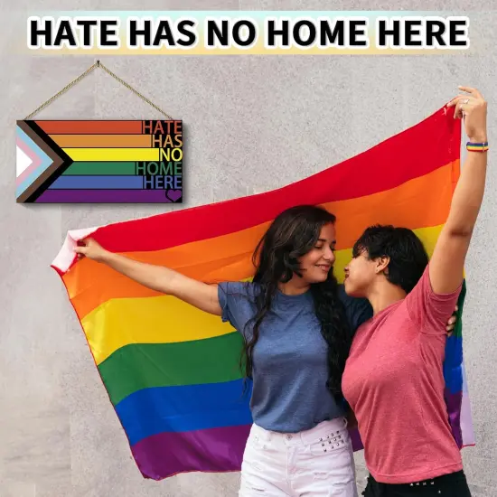 LGBT Rainbow Sign Front Door Decor, Hate Has No Home Here Pride Flag Wooden Wall Decor,Gay Pride Rainbow Decorations for Home Wall Porch Front Door Classroom {5}