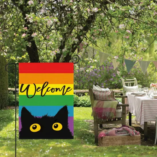 Welcome LGBTQ Pride Parade Rainbow Cat Garden Flag Double Sided, LGBTQ Community Gay Lesbian Transgender Bisexual Yard Outdoor Decoration 12 x 18 Inch {4}