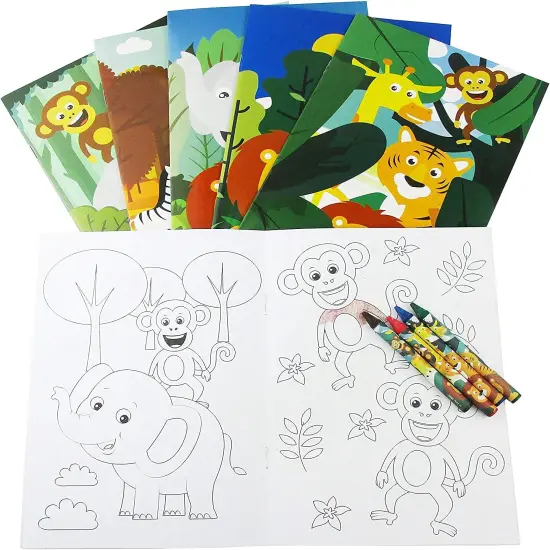 TINYMILLS Safari Animals Jungle Book Birthday Party Favor Set of 108 pcs (12 Large Party Favor Treat Bags with Handles, 24 Self-Ink Stamps for Kids, 12 Sticker Sheets, 12 Coloring Books, 48 Crayons) {4}
