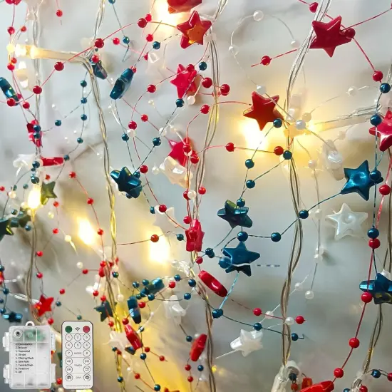 14Ft 40 LED Red White Blue Star Garland with Lights for 4th of July Decorations {1}