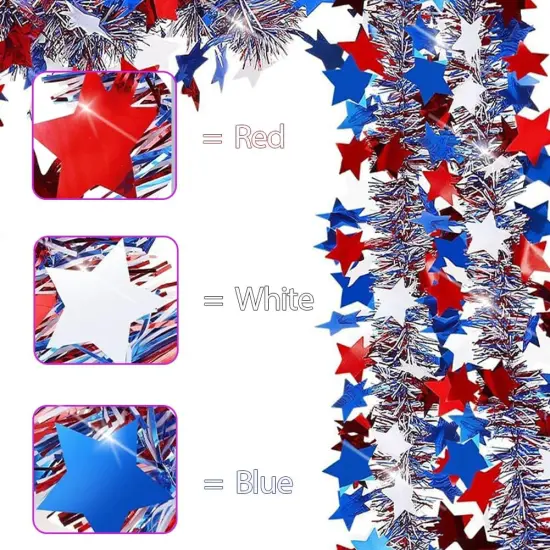 33 Ft Red White Blue Star Tinsel Garland for 4th of July Decorations {2}
