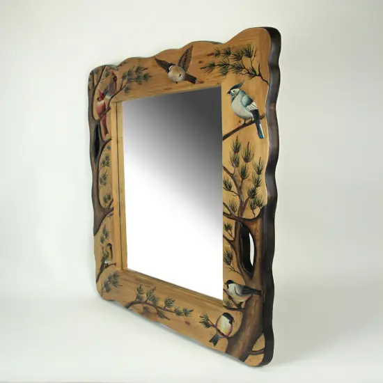Birds In Nature Hand Carved Natural Wood Decorative Wall Mirror Home Lodge Decor {3}