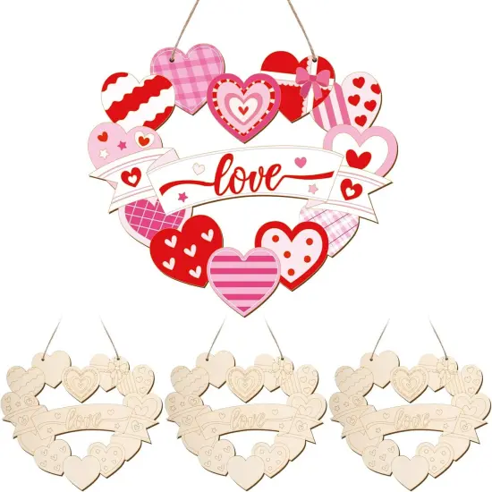 Paintable Valentines Ornaments 3 Sets, Wooden Valentines Ornaments to Paint, Unfinished Love Signs Wreaths Wood Crafts for Painting, Wooden Cutouts DIY Wood Crafts for Kids Adults Door Decor {1}
