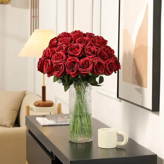 Realistic Fake Flowers Bulk Long Stem Silk Faux Roses Bouquet for Wedding {3}