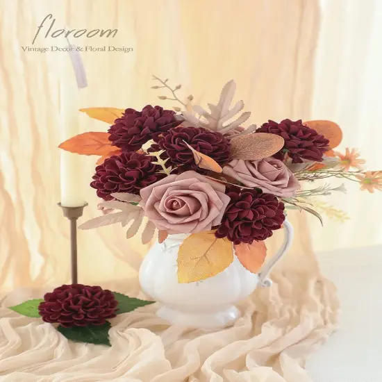 25pcs Real Looking Burgundy Foam Fake Roses Bouquets {2}