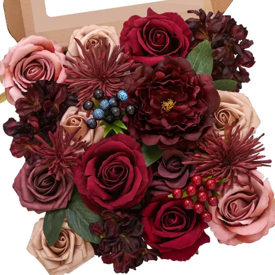 Artificial Flowers Burgundy Silk Fake Flowers Bouquets {1}