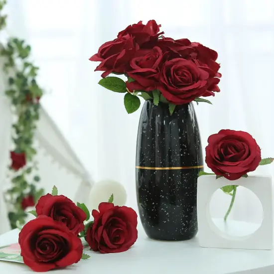 12 Pack Fake Wine Red Roses Artificial Flowers with Stems Silk Burgundy Rose Bouquet {2}