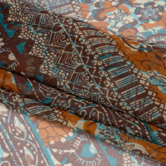 1 Yard Brown, Orange and Teal Floral Geometric Diagonal Stripes Silk Chiffon 54 Inch Width {3}